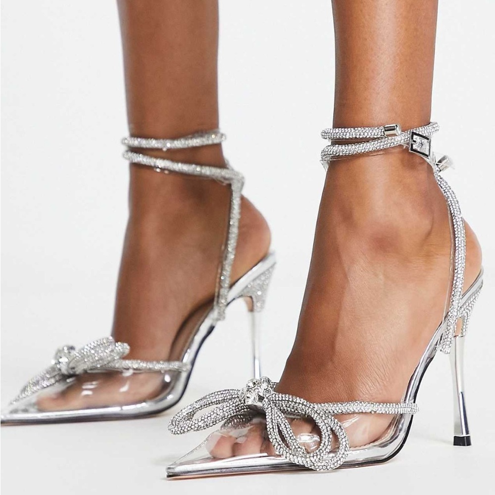 Public Desire Wide Fit Midnight heeled shoes with rhinestone bow